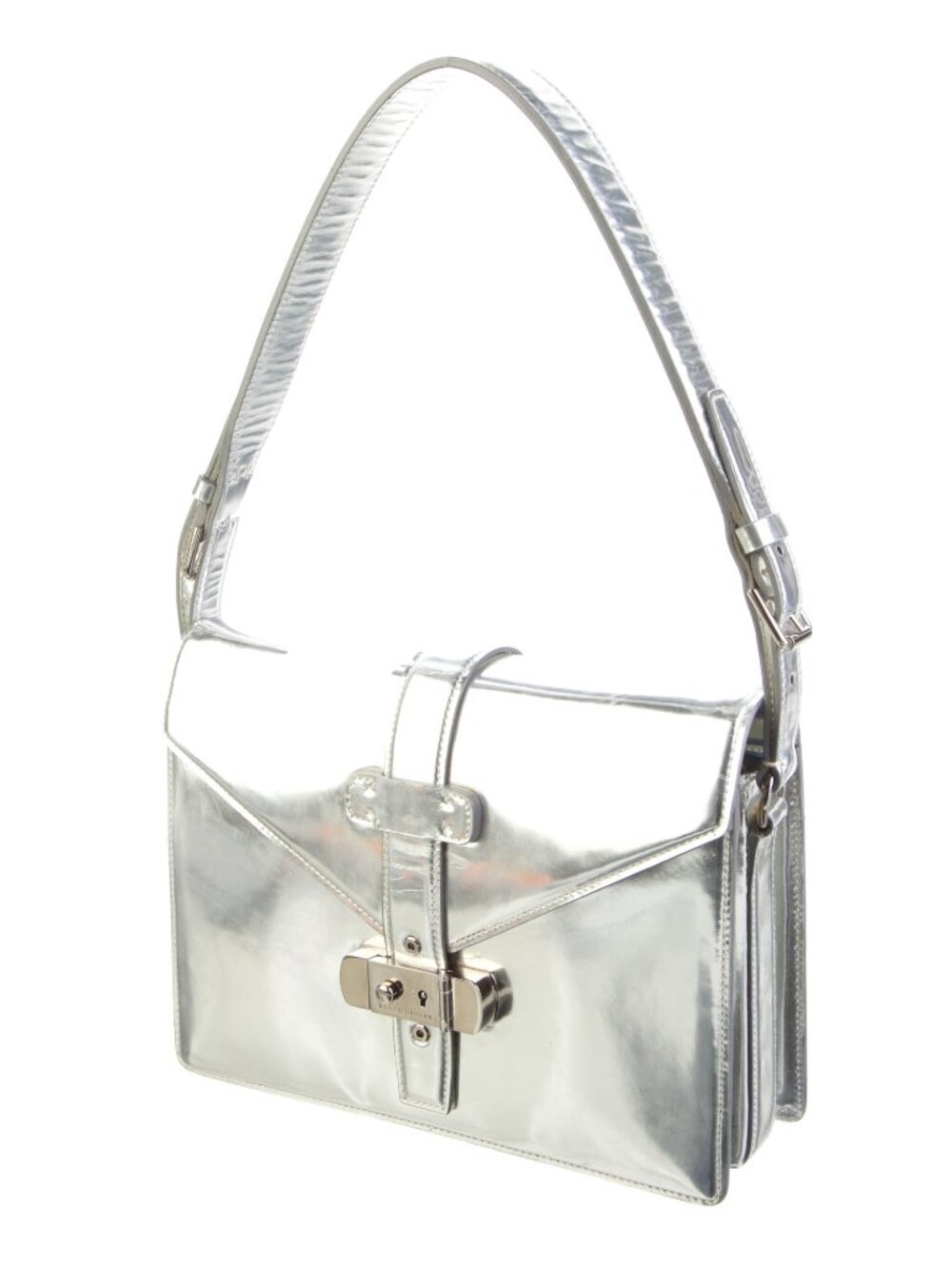 Ralph Lauren Vintage Metallic Silver Leather Shoulder Bag Turn Lock